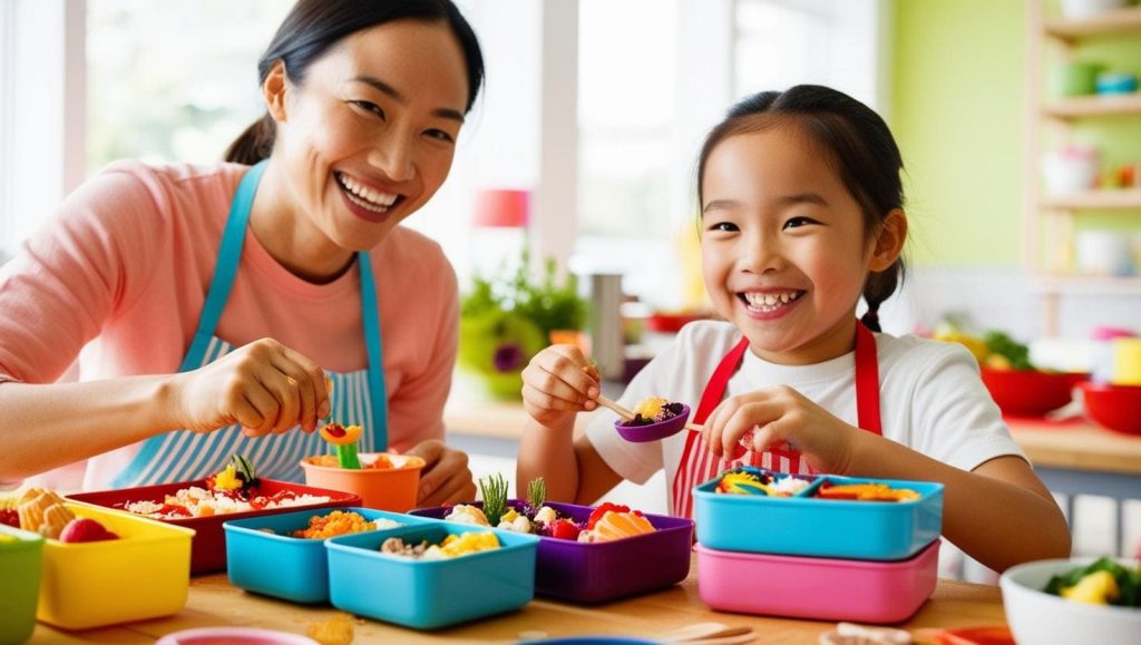 媽媽與小女孩一起參加親子食物藝術課程，共同完成創意便當裝飾，享受親子共創時光