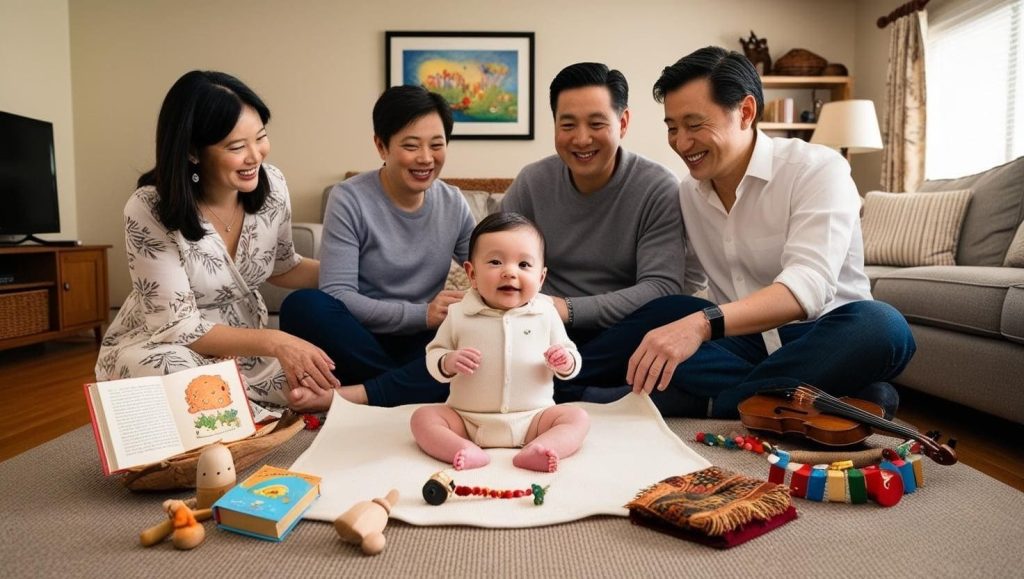 家庭成員圍坐在家中與寶寶互動，在家自辦抓周儀式氣氛溫馨自然